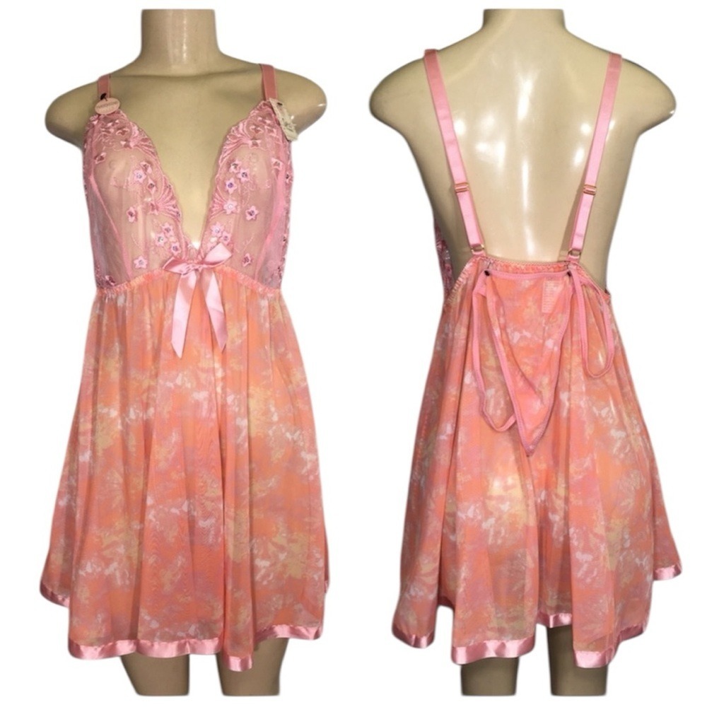 NEW Spree Intimates Pink Orange Tie Dye Lace Sequin Babydoll‎ Lingerie Set 2X